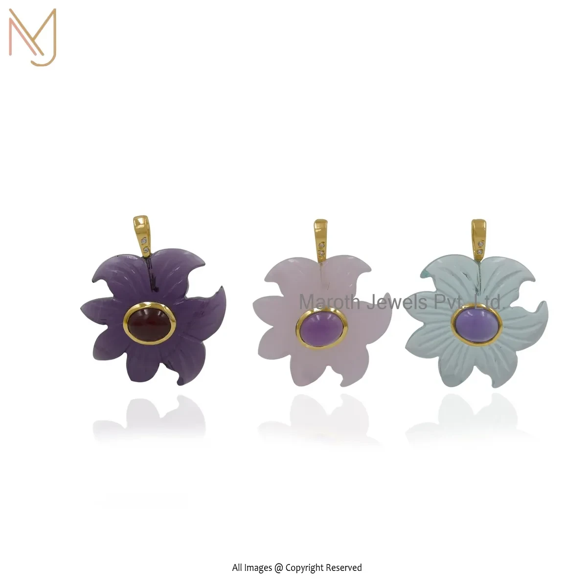 Private Lable 925 Silver Yellow Gold Plated Cubic Zircon & Rose Quartz And Amethyst Flower Pendant