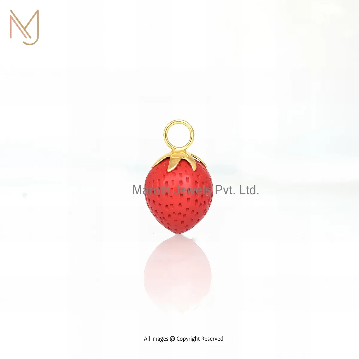 Wholesale 14K Yellow Gold Red Coral Gemstone Strawberry Charm Pendant
