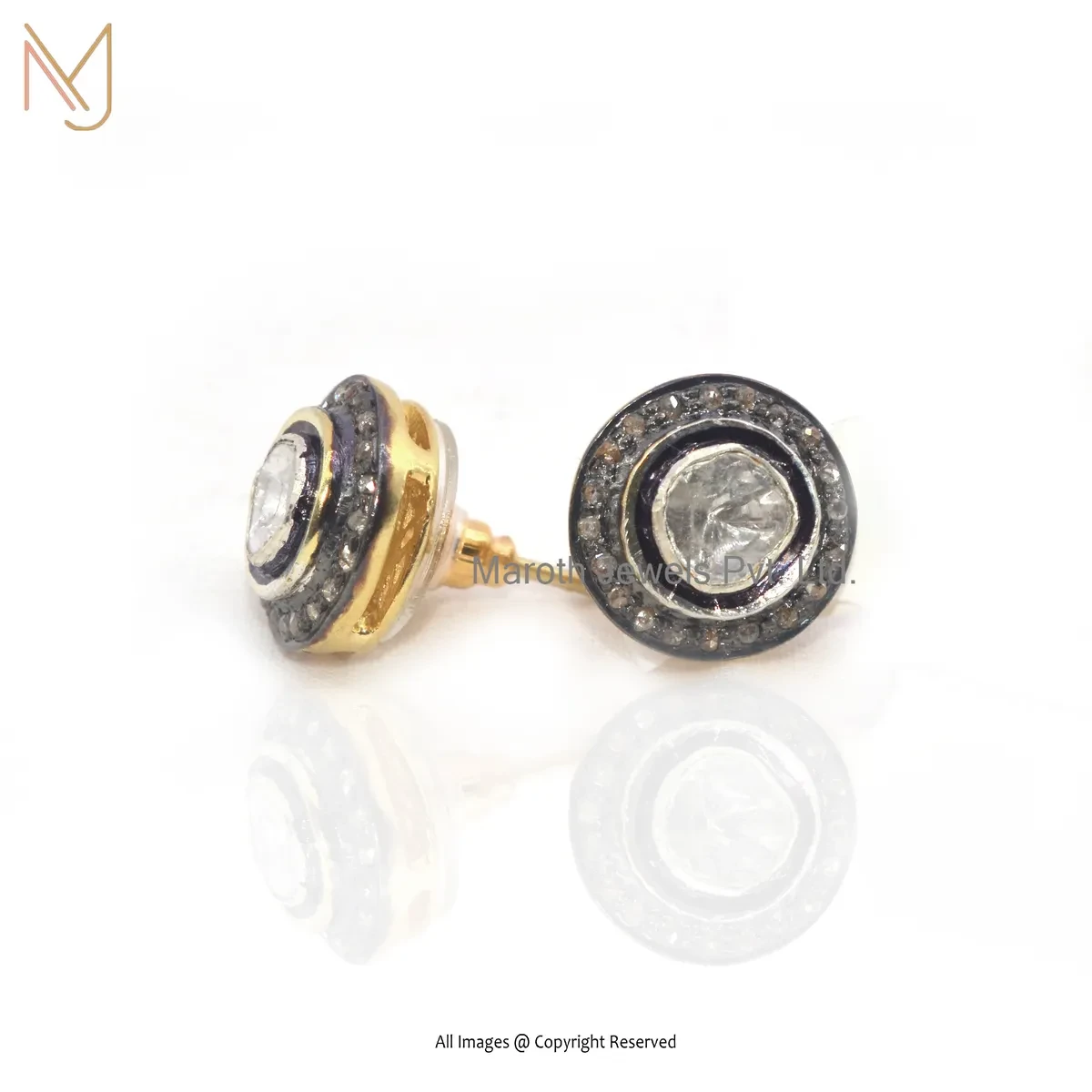 925 Silver Rhodium Yellow Gold Plated Pave Diamond Rose Cut Diamond Stud Earring Jewelry Supplier