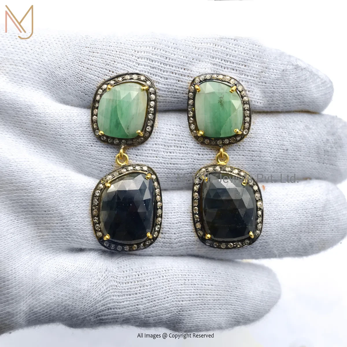 925 Silver Yellow Gold Plated Pave Diamond , Emerald , Blue Sapphire Gemstone Drop Earring USA