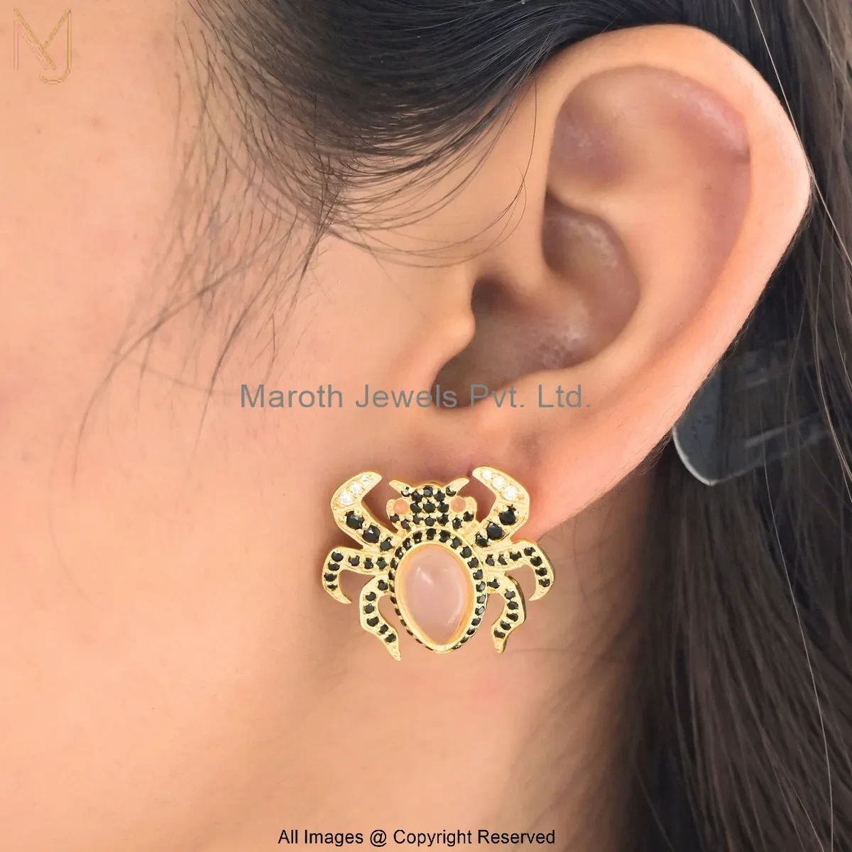 14K Yellow Gold Diamond Black Cubic Zircon Pink Onyx Karkat Motif Gemstone Stud Earrings USA