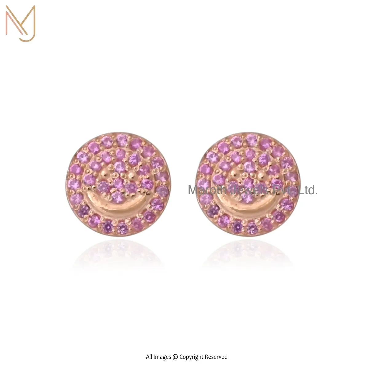 14K Rose Gold Pink Sapphire Round Shape Happy Smiley Face Stud Earring USA