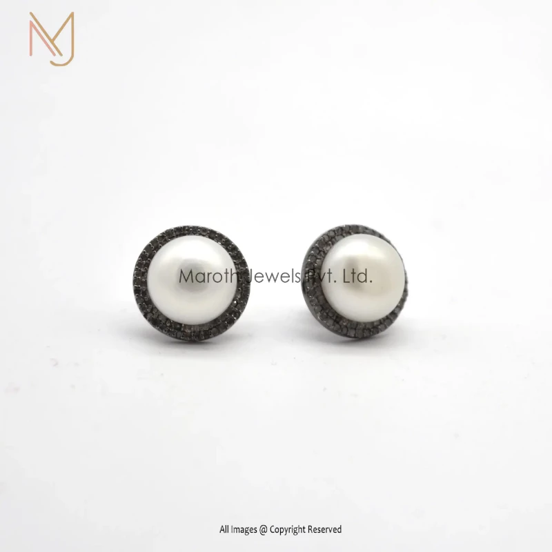 925 Silver Rhodium Plated Pave Diamond Pearl Studs Round  Earrings