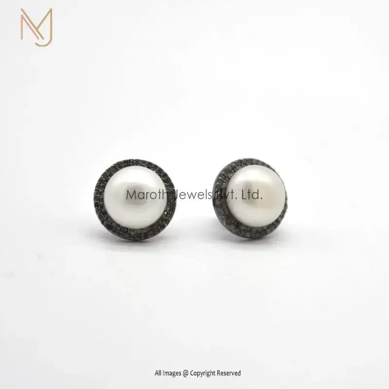 Wholesale 925 Silver Rhodium Plated Pave Diamond Pearl Studs Round  Earrings