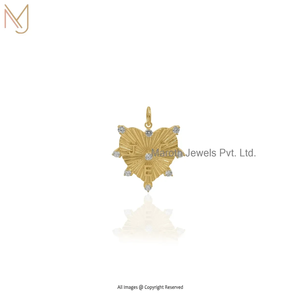 14K Yellow Gold Cubic Zircon Fluted Heart Pendant Manufacturer