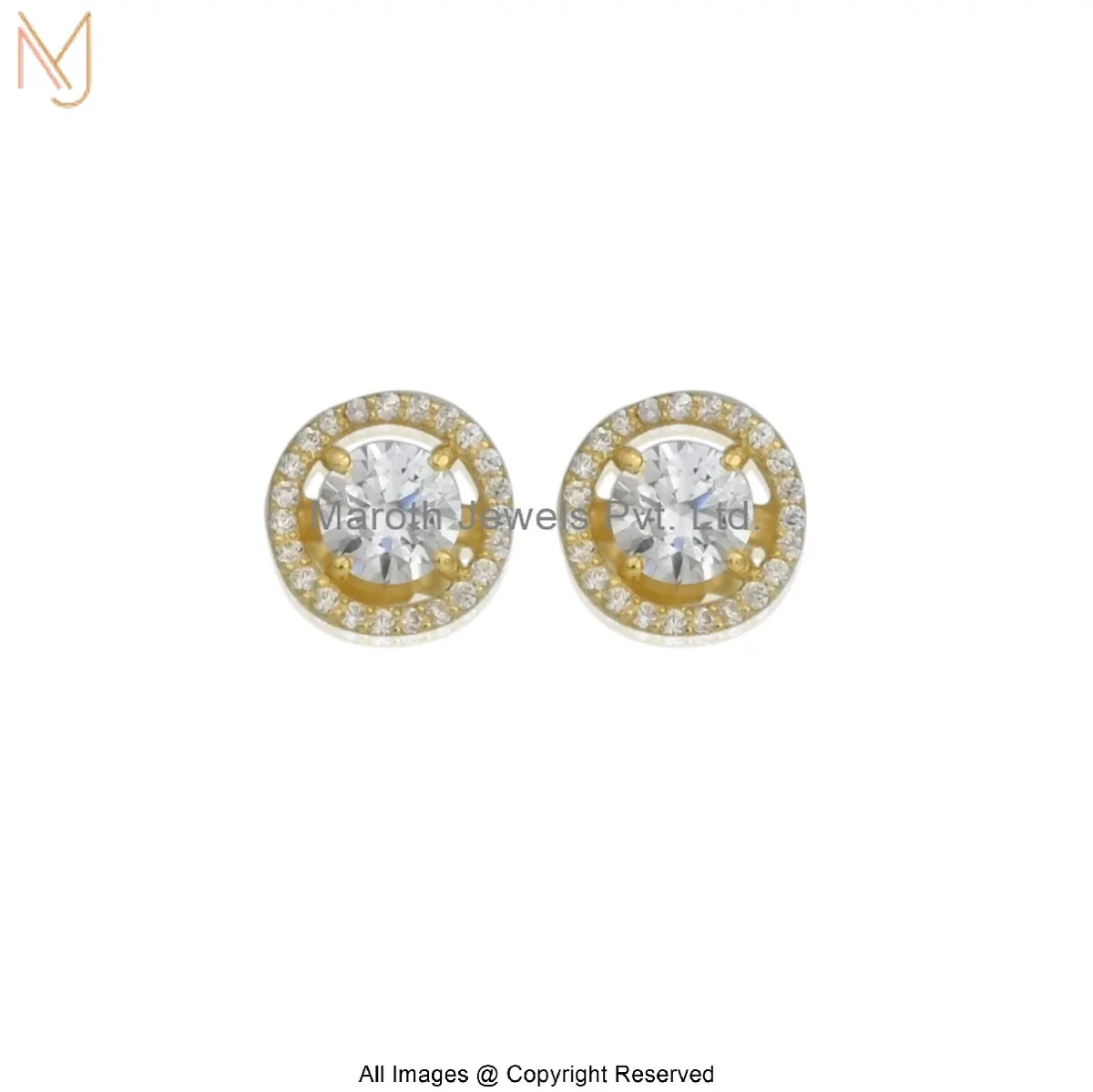 925 Silver Yellow Gold Plated Cubic Zircon Round Halo Diamond Stud Earring Manufacturer