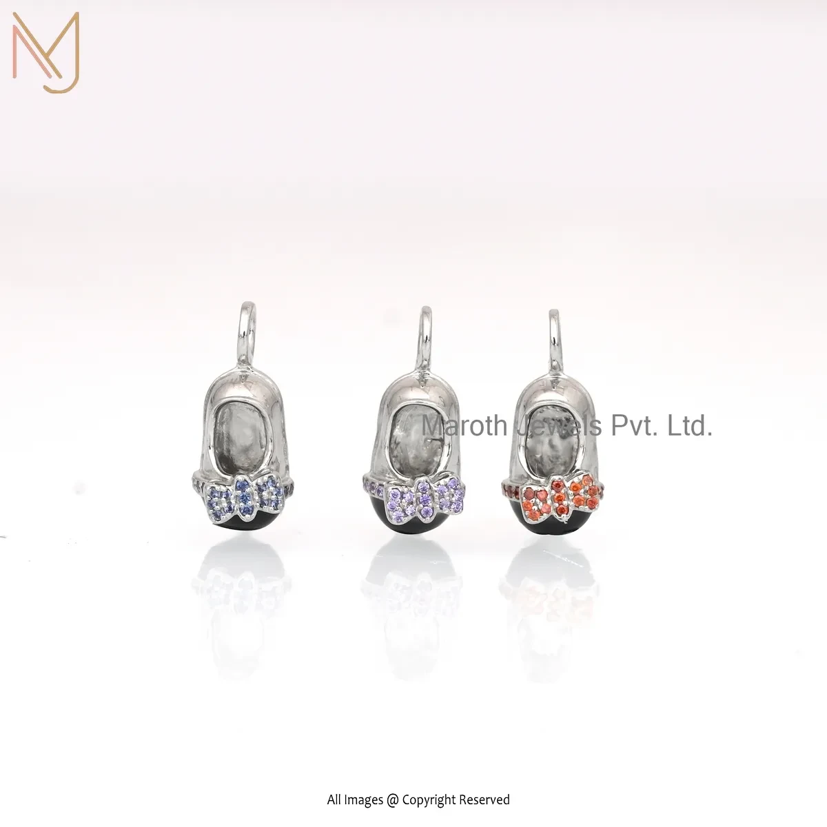 Wholesale 925 Silver White Gold Plated Amethyst & Black Enamel Baby Shoe Charm Pendant