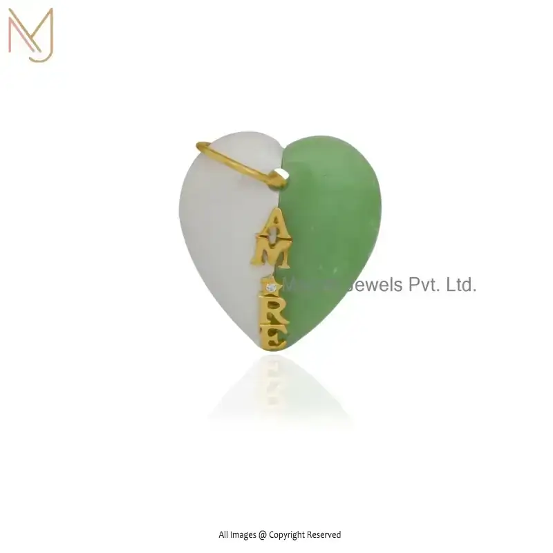 Wholesale 925 Sterling Silver Yellow Gold Plated Green Opal And Moonstone White CZ Letter Amore Heart Pendant
