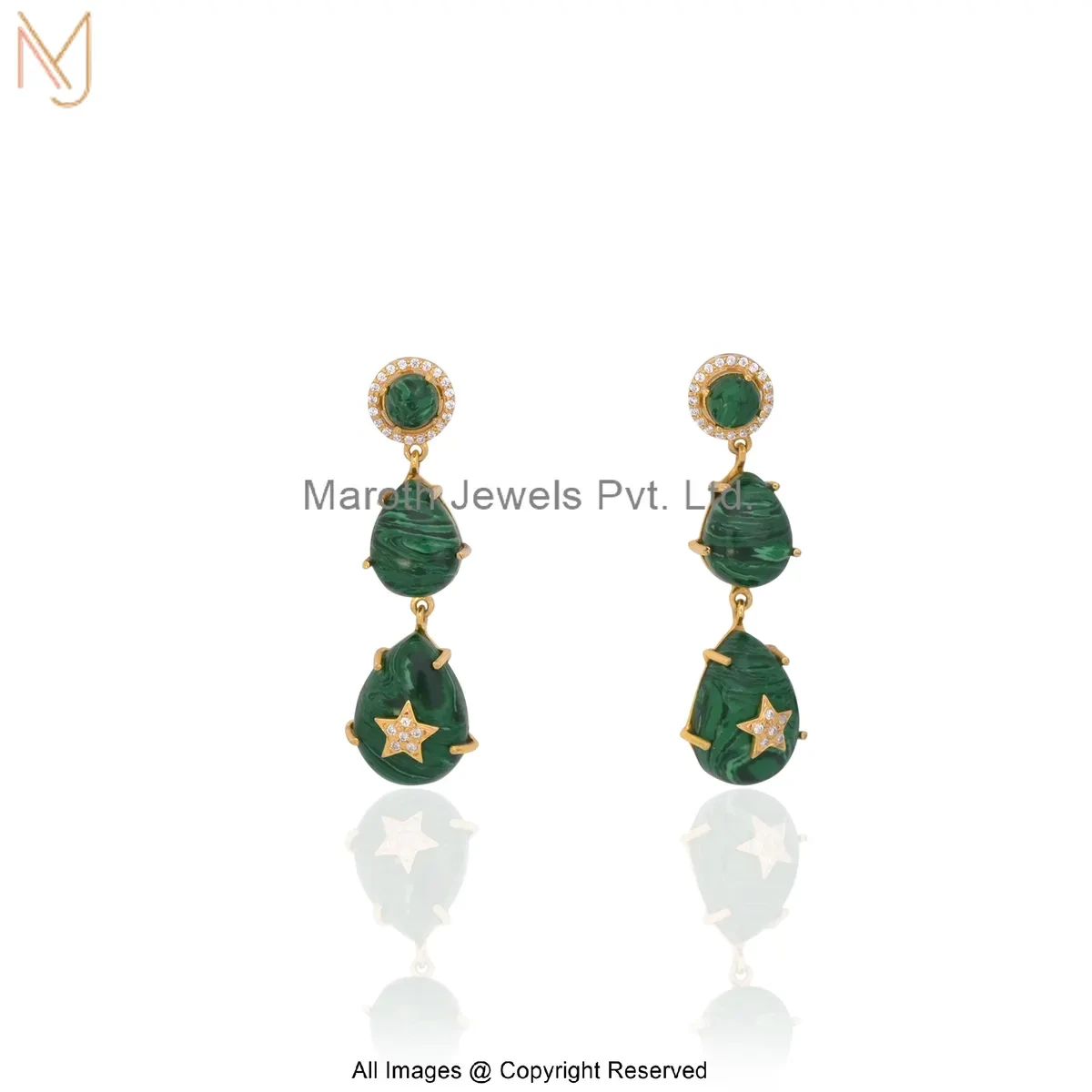 925 Silver Yellow Gold Plated Cubic Zircon Malachite Teardrop Earrings Manufacturer