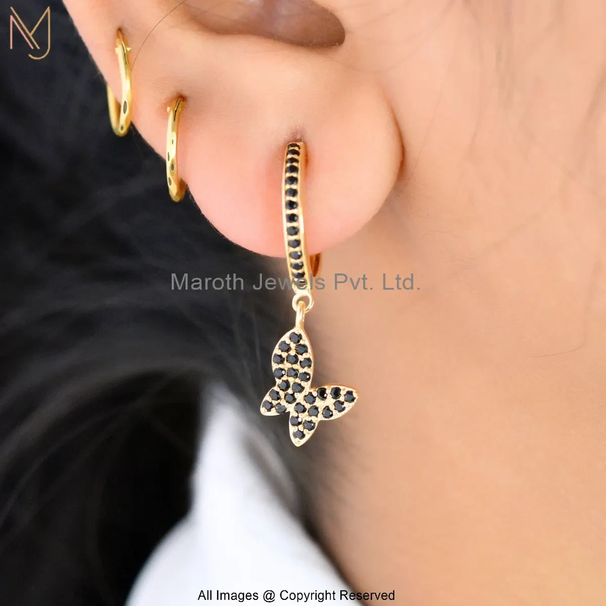 925 Silver Yellow Gold Plated Black Cubic Zircon Butterfly Hoop Earring Manufacturer