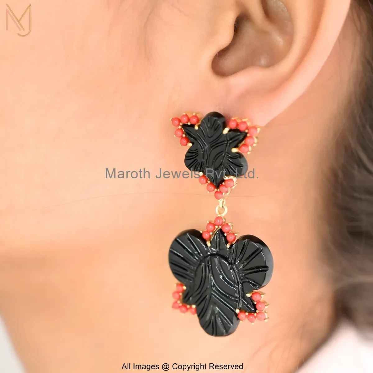 14K Yellow Gold Red Coral Gemstone Midnight Bloom Drop Earrings Custom Jewelry