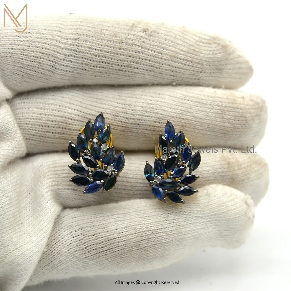 Private Lable 14K Yellow Gold Pave Diamond & Blue Sapphire Tiny Leaf Stud Earring