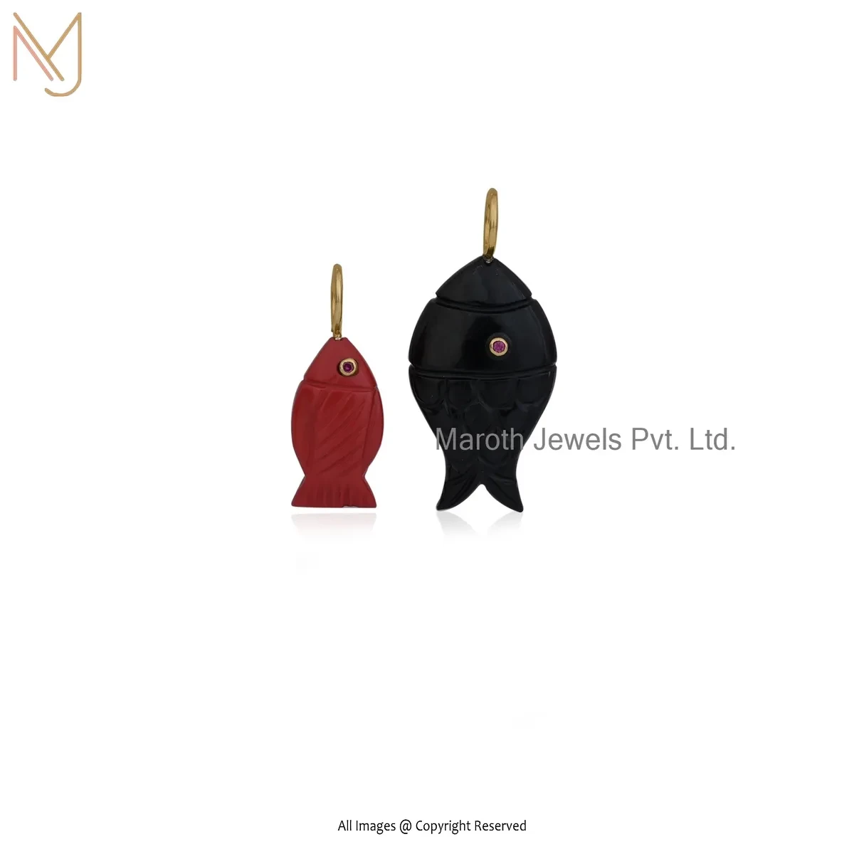 925 Silver Yellow Gold Plated Ruby Cubic Zircon & Red Coral Gemstone Fish Charm Pendant USA