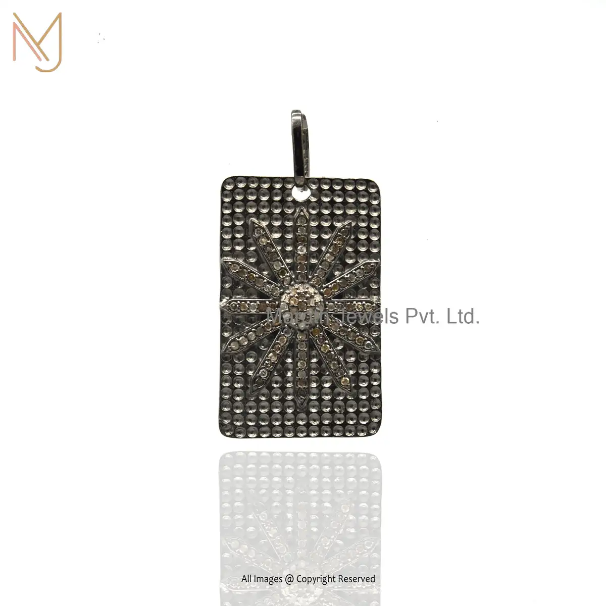 925 Silver Black Rhodium Plated Diamond Dog Tag Star Burst Pendant Jewelry USA