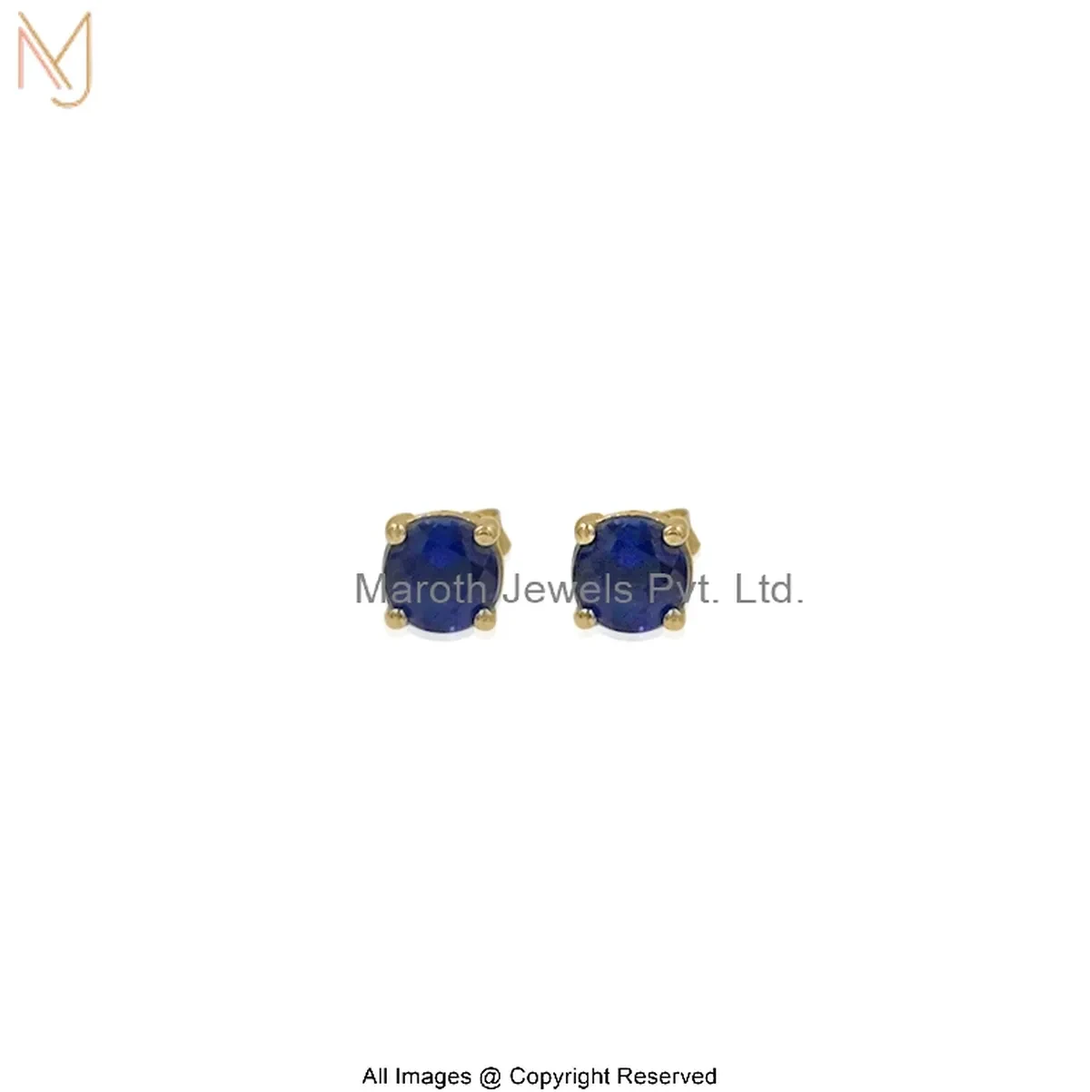 14K White Gold Diamond Round Blue Sapphire Stud Earring Custom Jewelry