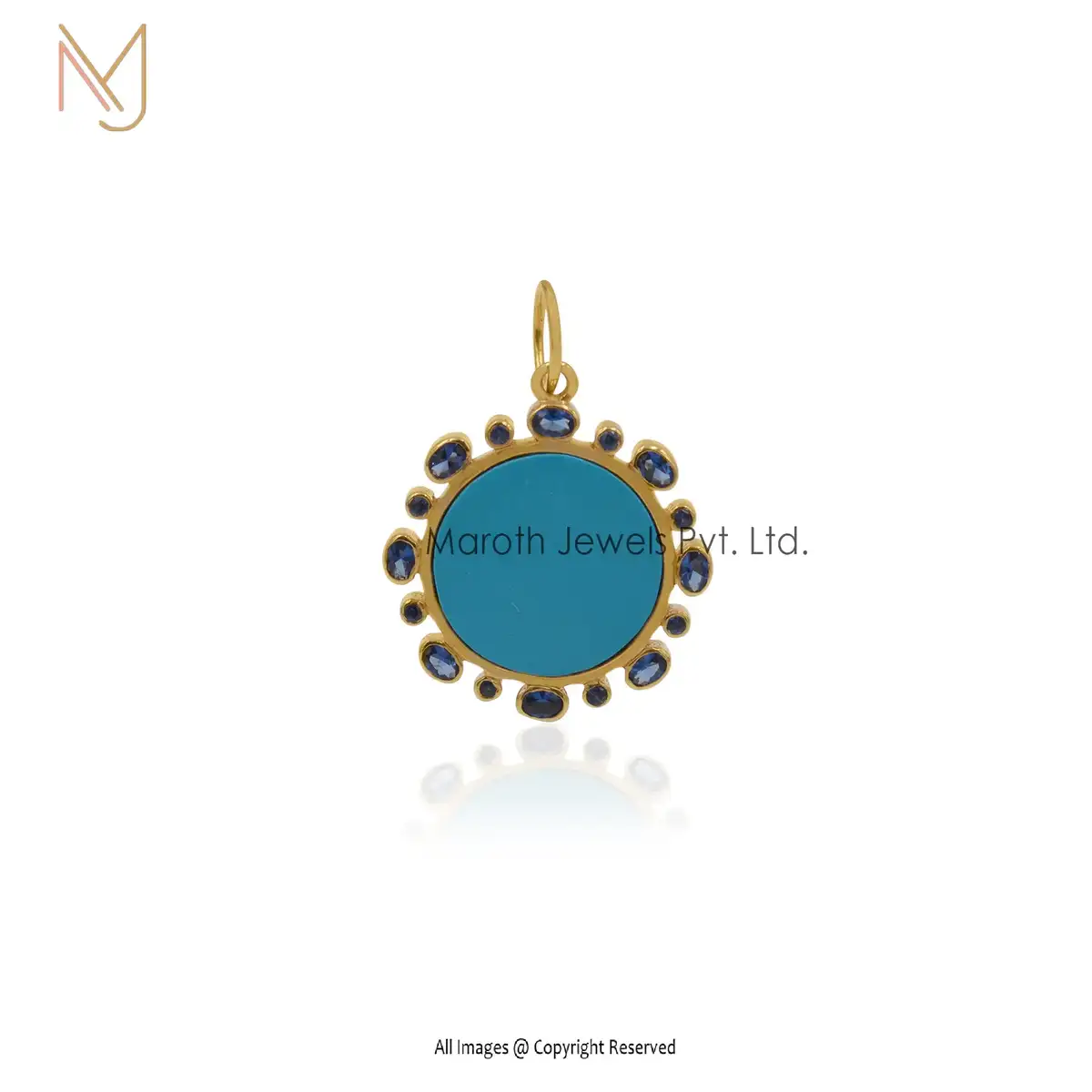 925 Silver Yellow Gold Chalcedony & Blue CZ Gemstone Disc Pendant Custom Jewelry