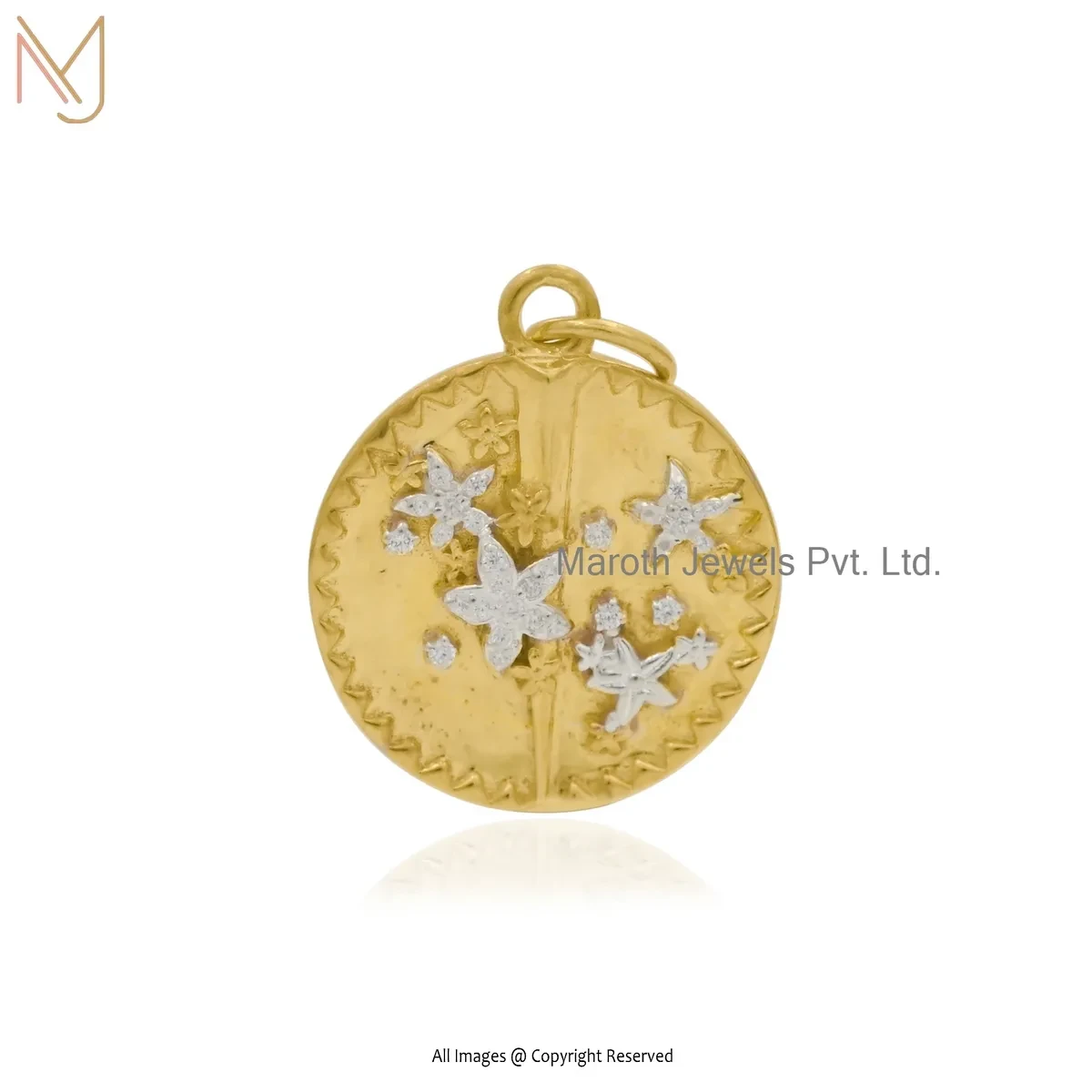 Private Lable 14K Yellow Gold Diamond & Cubic Zircon Flower Disc Pendant