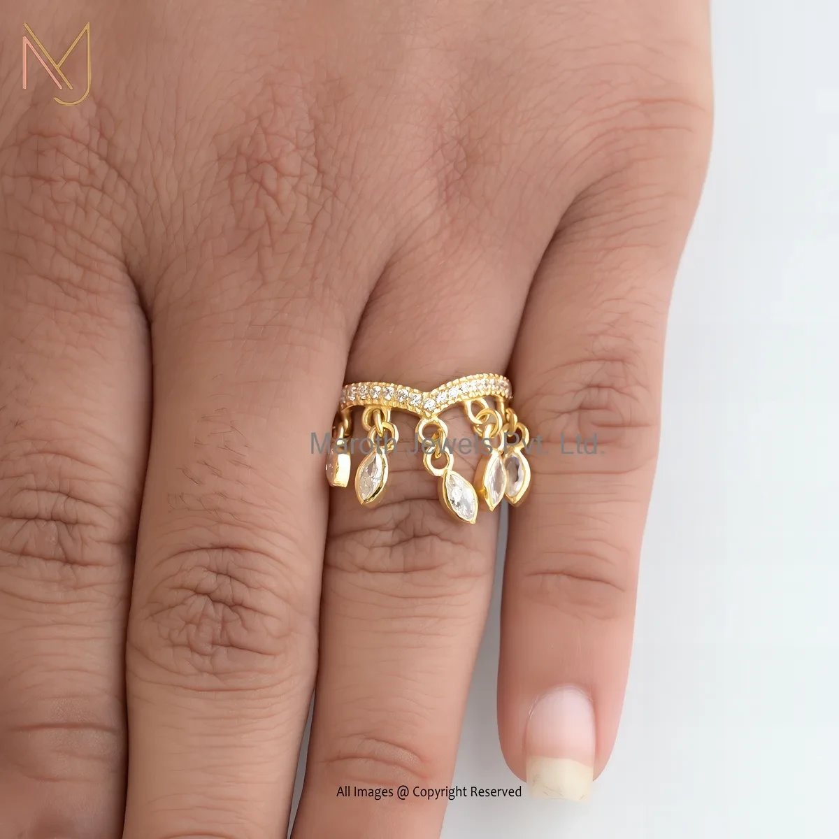 Wholesale 925 Sterling Silver Yellow Gold Plated White CZ Dangling Charm Ring