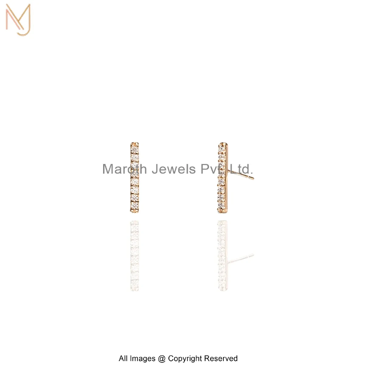 925 Silver Yellow Gold Plated Diamond Bar Stud Earring Jewelry Supplier