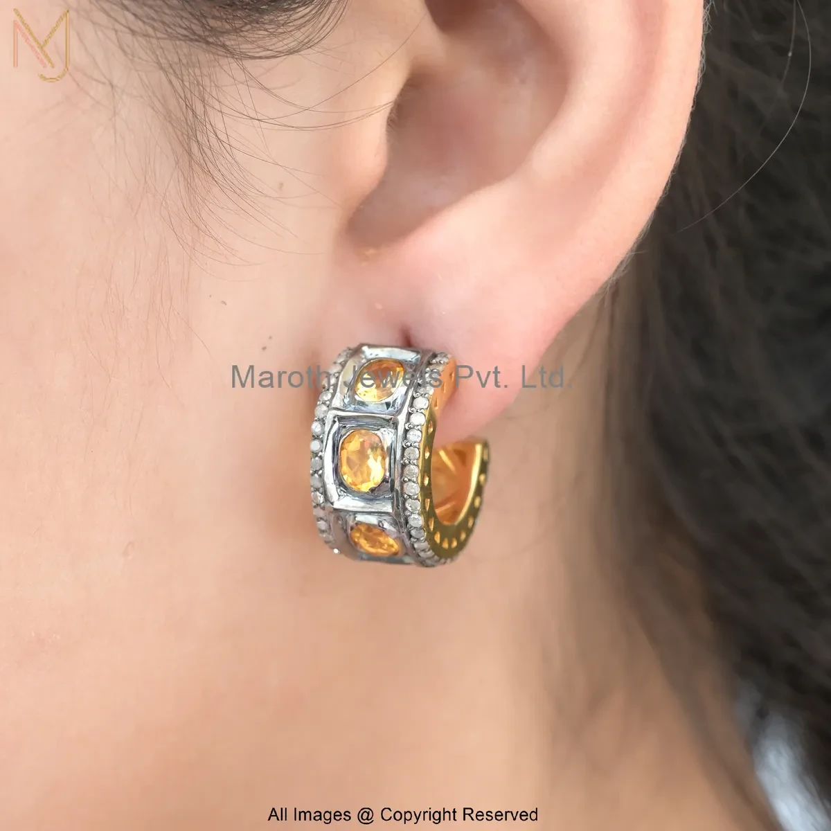 Wholesale 14K Yellow Gold Pave Diamond Gemstone Riwaayat Heritage Hoops Earring
