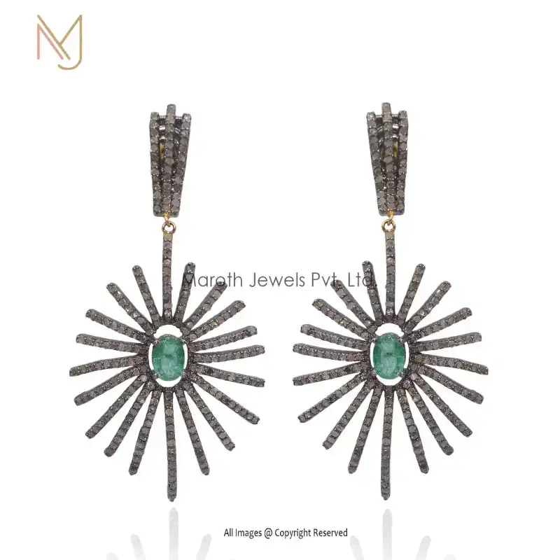 925 Silver Pave Diamond Emerald Earrings Drop Designer Handmade Jewelry Manufacturer