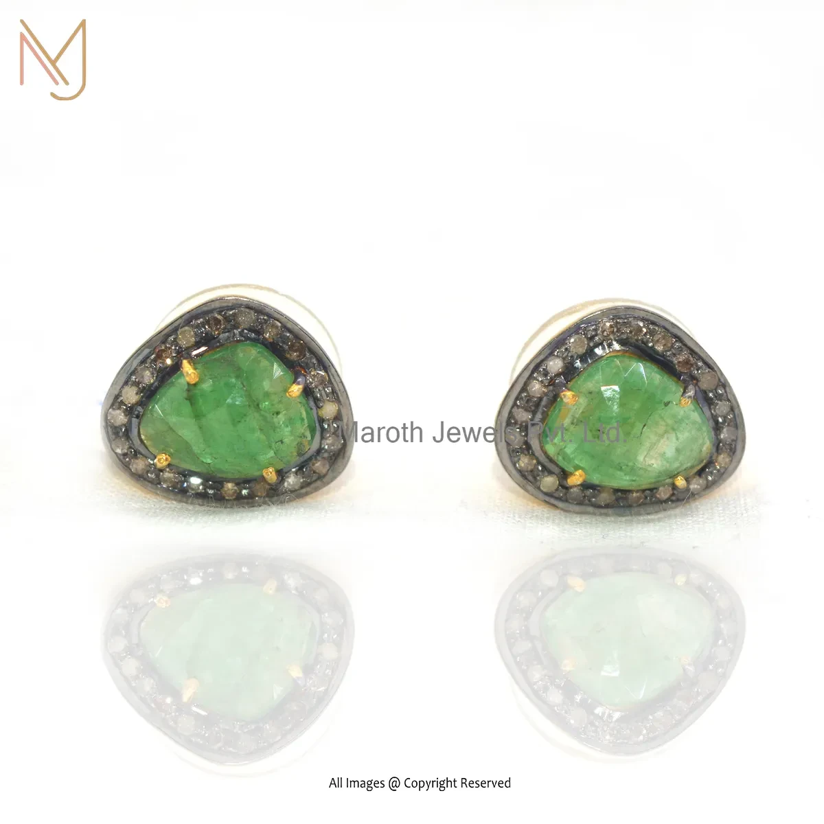 14K Yellow Gold Pave Dimaond Emerald Stud Earring Custom Jewelry