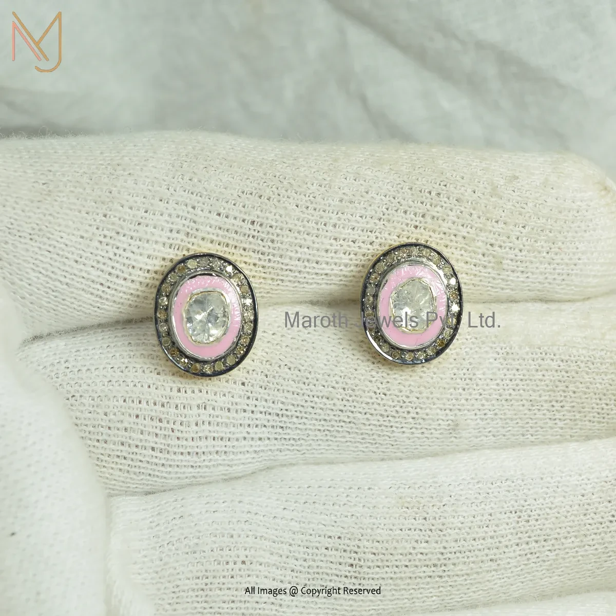 Wholesale 925 Silver Rhodium Yellow Gold Plated Pave Diamond Pink Enamel Rose Cut Polki Diamond Stud Earring