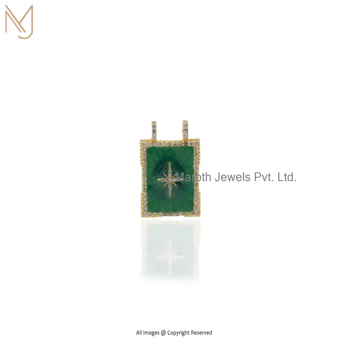 Wholesale 925 Silver Yellow Gold Plated Cubic Zircon & Green Enamel Gemstone Square Pendant