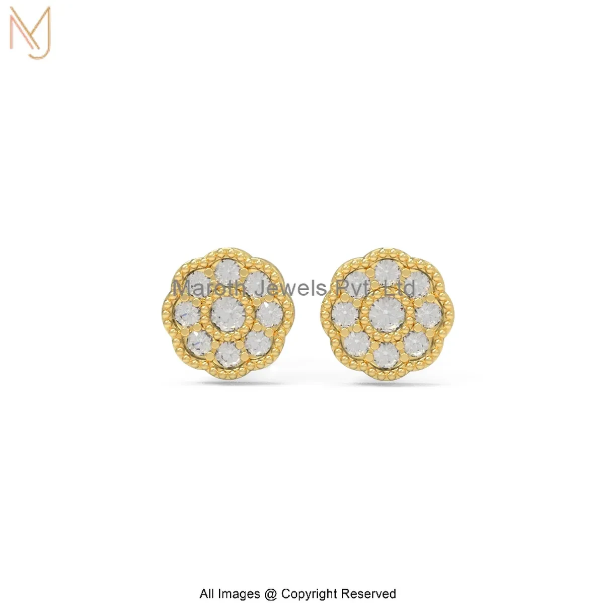 925 Silver Yellow Gold Plated Gemstone Diamond Floral Cluster Stud Earrings Jewelry Supplier