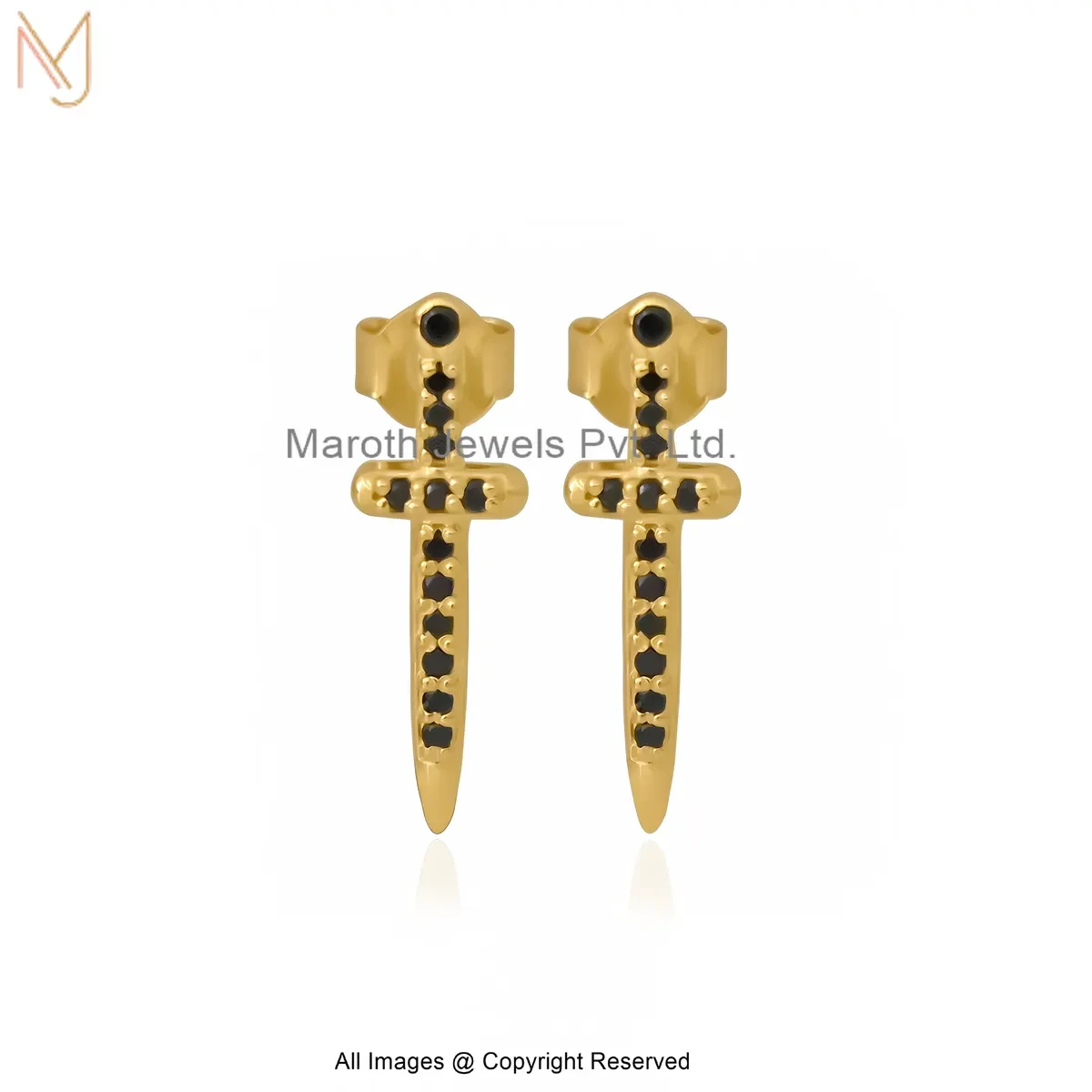 14K Yellow Gold Black Spinel Dagger Stud Earring Manufacturer