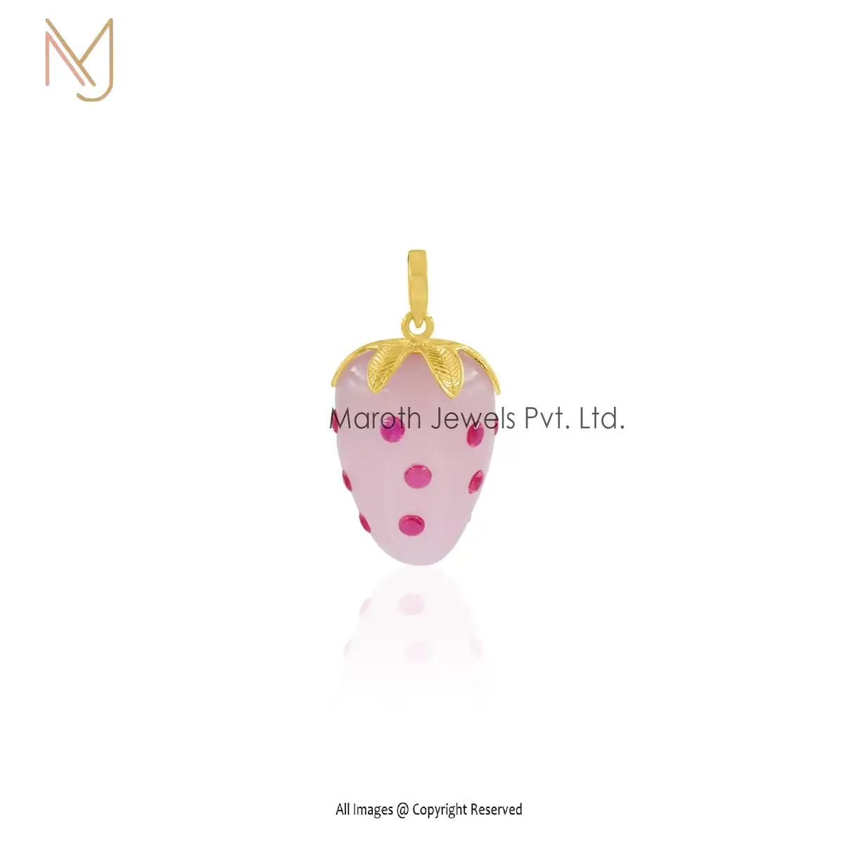 925 Silver Yellow Gold Plated Pink Opal & Ruby Strowberry Pendant Custom Jewelry
