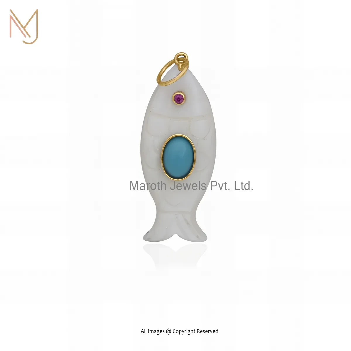 925 Silver Yellow Gold Plated Ruby Cubic Zircon & Turquoise And Malachite Gemstone Fish Pendant USA