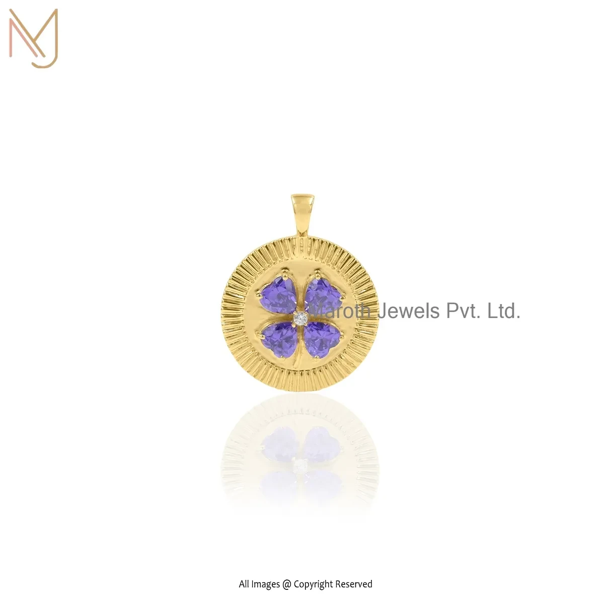 925 Silver Yellow Gold Plated Amethyst Leaf Clover Disc Pendant Custom Jewelry