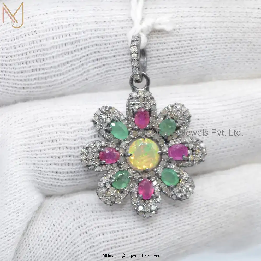 925 Silver Rhodium Plated Diamond Ruby And Emerald & Opal Gemstone Flower Pendant USA