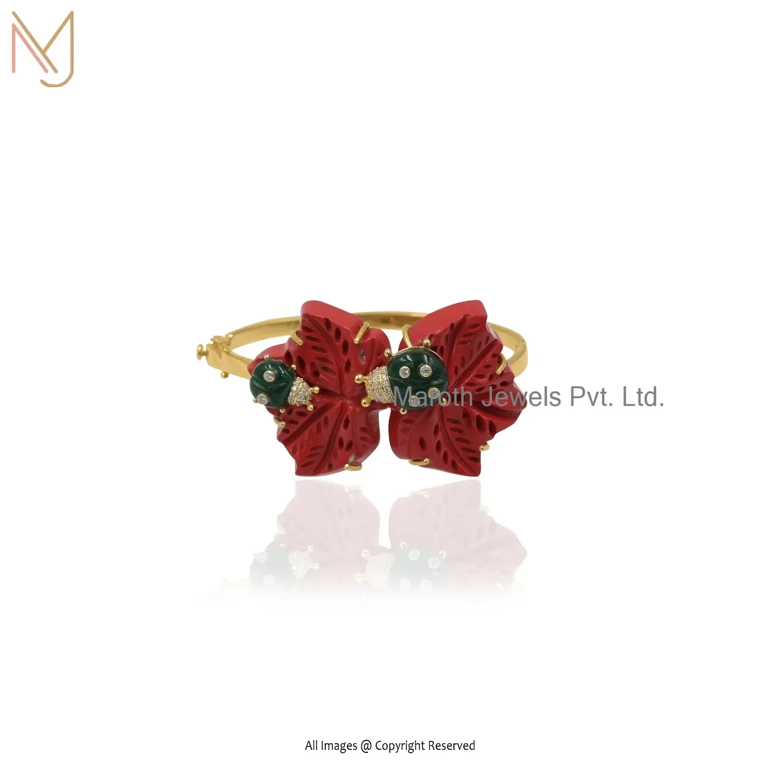 925 Silver Yellow Gold Plated Green Enamel & Red Coral And Flower Gemstone Bangle Jewelry Manufacturer