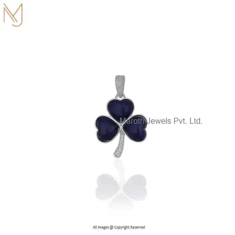 Private Lable 925 Silver Yellow Gold Plated Malachite & Moissanite Leaf Clover Pendant