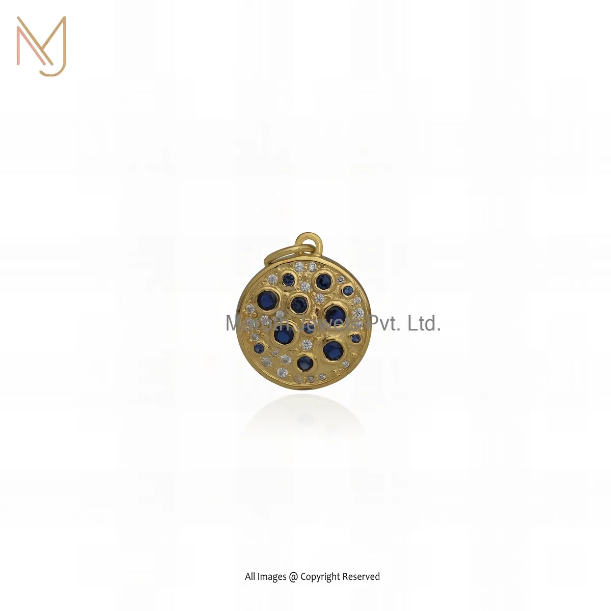 925 Silver Yellow Gold Plated Cubic Zircon & Blue Sapphire Disc Pendant Manufacturer