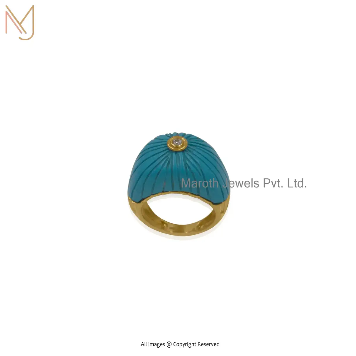 14K Yellow Gold Turquoise Cubic Zircon Flower Motif Ring Custom Jeweliry