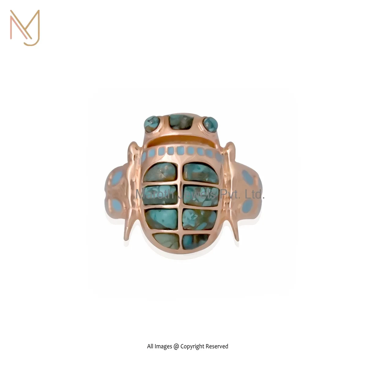 Wholesale 925 Silver Yellow Gold Plated Turquoise & Black Cubic Zircon And Enamel Scarab Ring