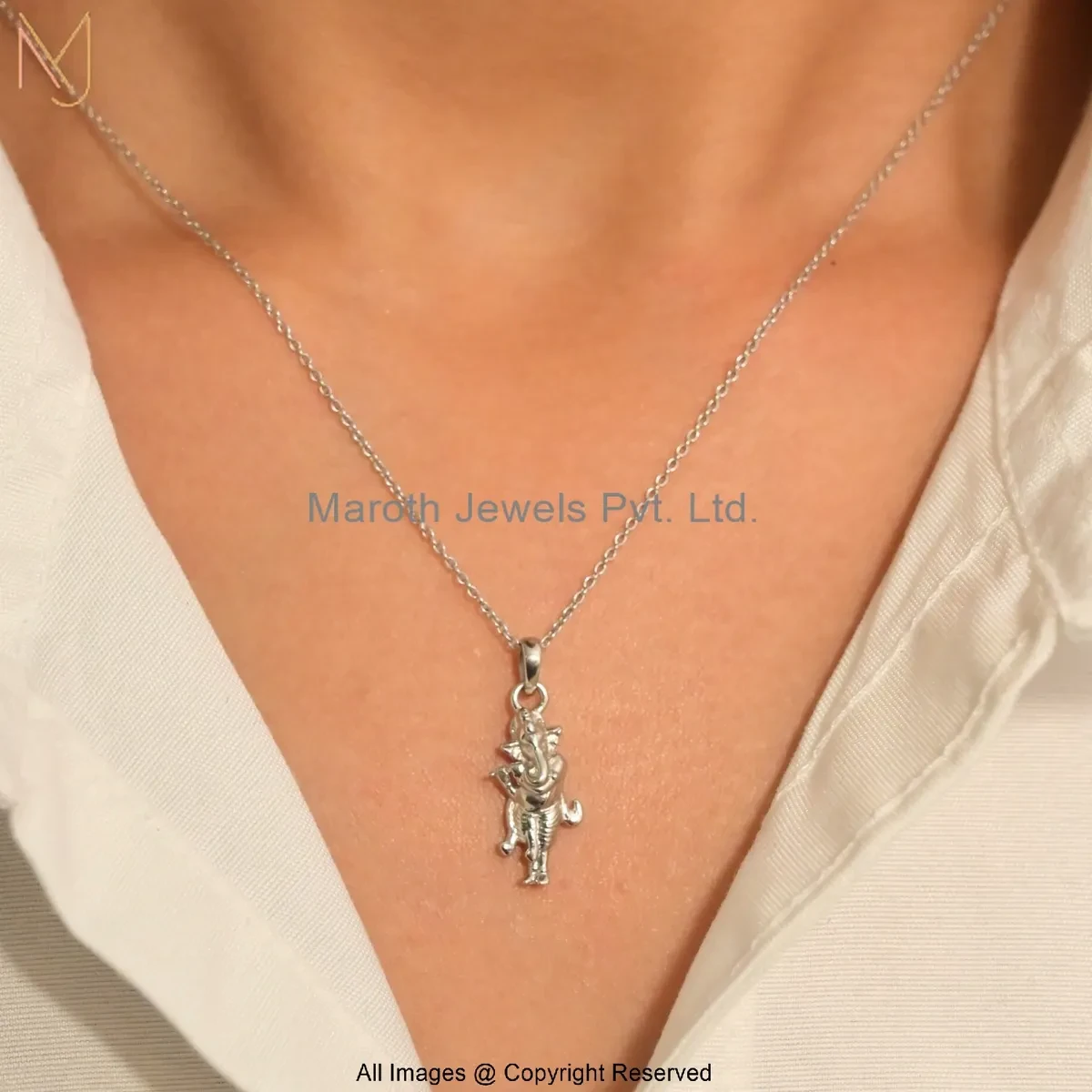 925 Silver White Gold Plated Ganesha Playing Flute Necklace Jewelry Supplier