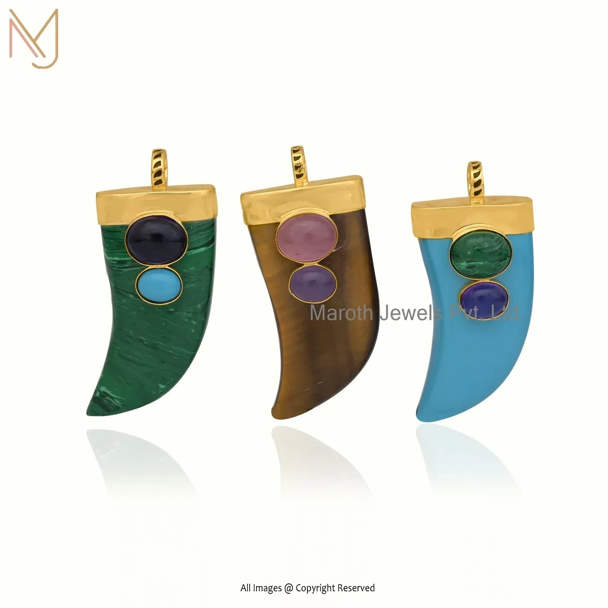 925 Silver Yellow Gold Plated Malachite & Enamel Gemstone Horn Pendant Jewelry Supplier