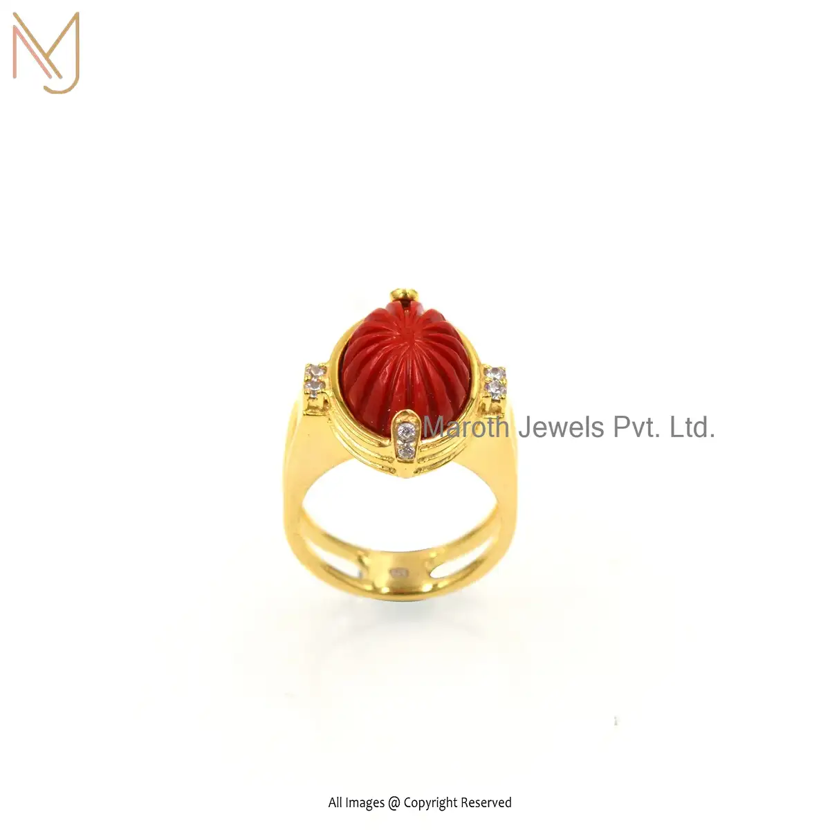 14K Yellow Gold Plated Red Coral Statement Ring Jewelry Manufacturer