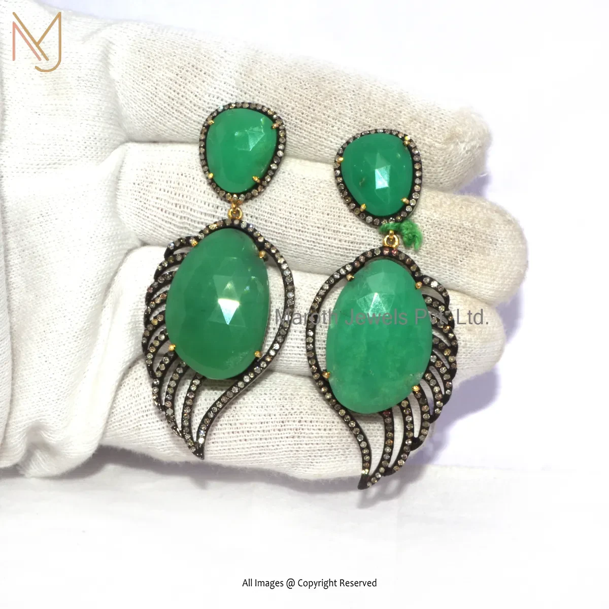 14K Yellow Gold Pave Diamond Green Onyx Dangle Earring Manufcaturer