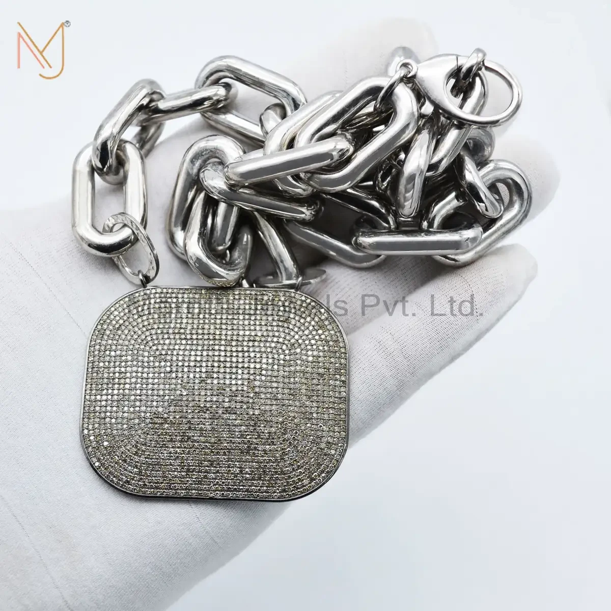 925 Silver Natural Silver Pave Diamond Link Chain Pendant Jewelry Manufacturer