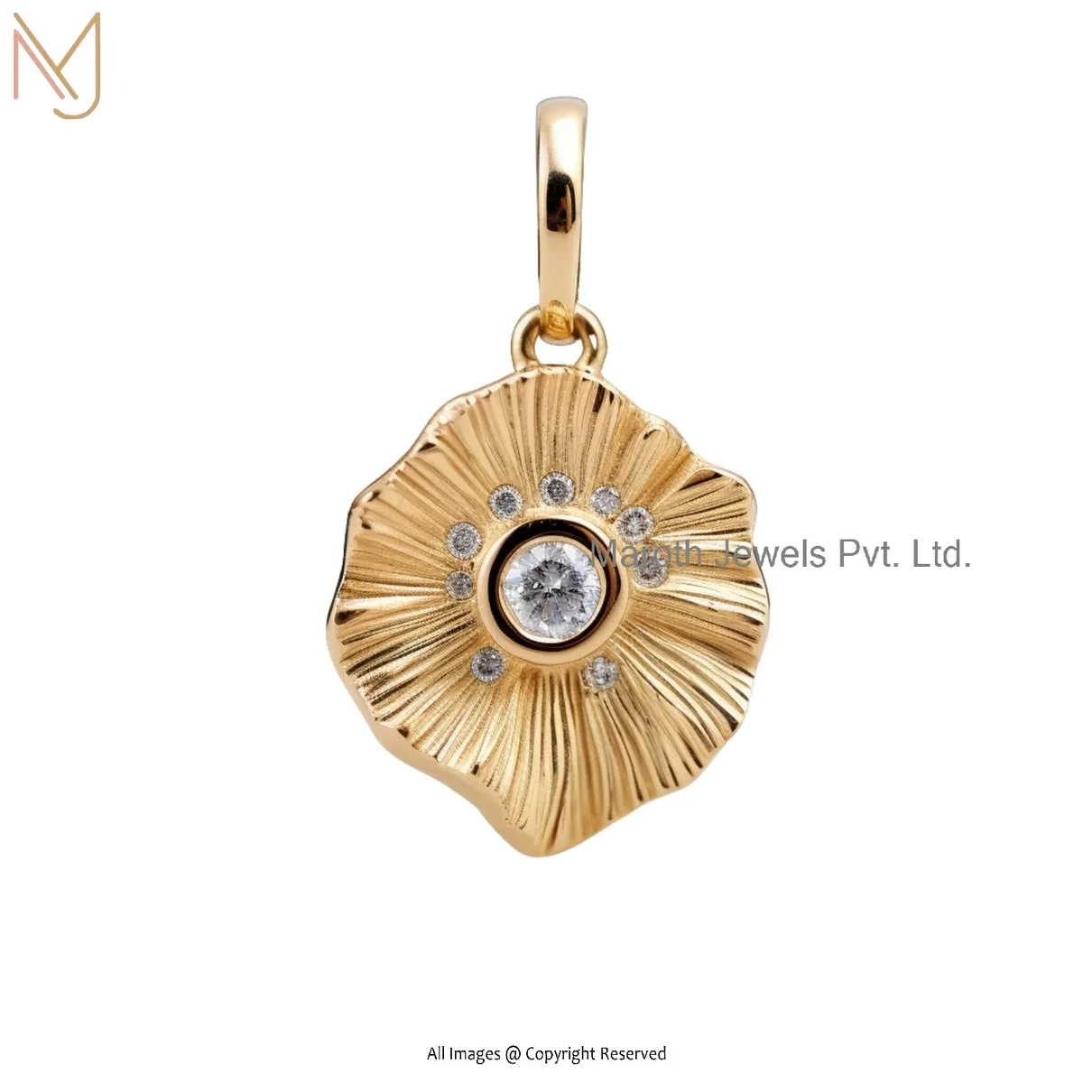 Private Lable 925 Silver Yellow Gold Plated Moissanite Diamond Fluted Flower Pendant