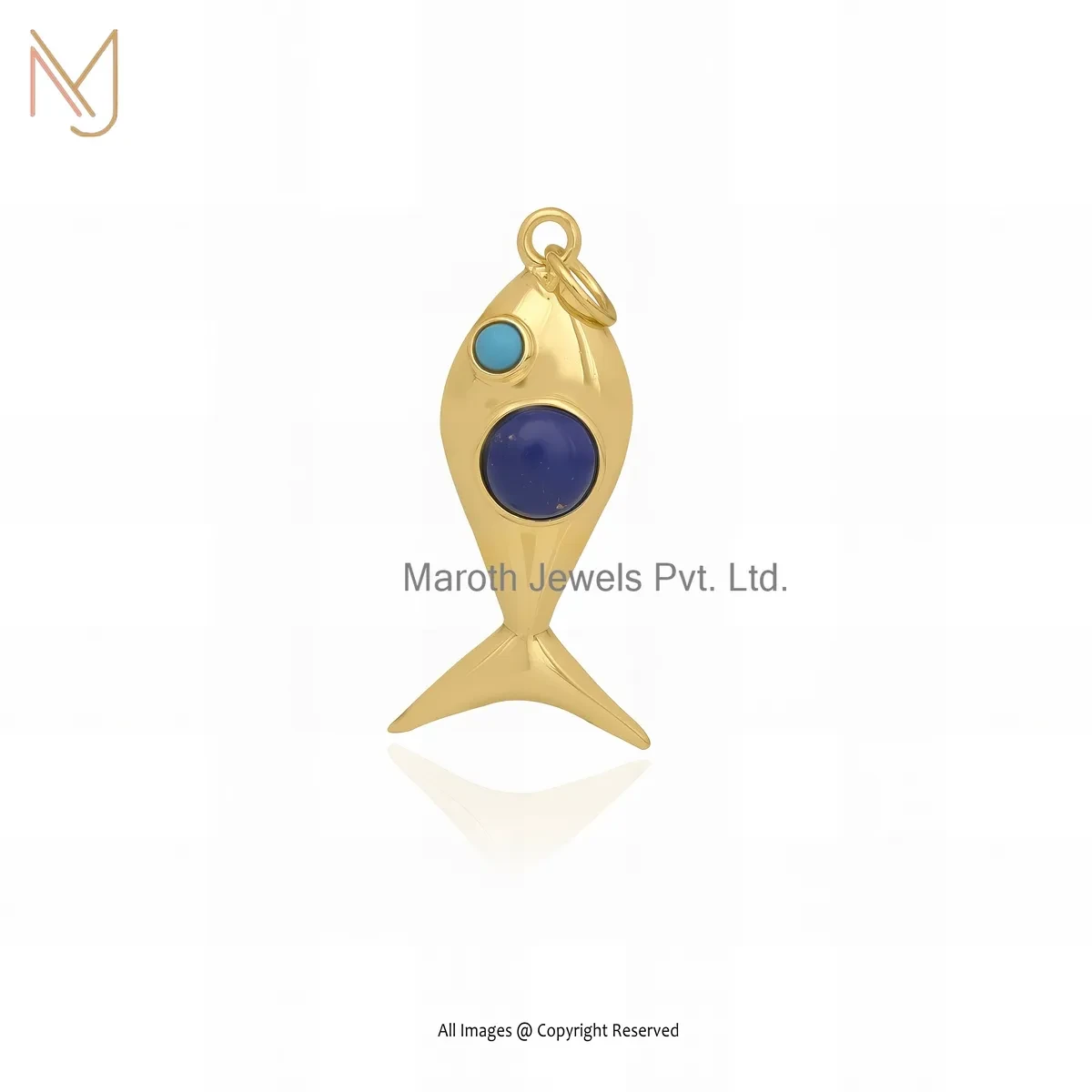 Wholesale 925 Silver Yellow Gold Plated Turquoise & Lapiz Lazuli Gemstone Fish Pendant