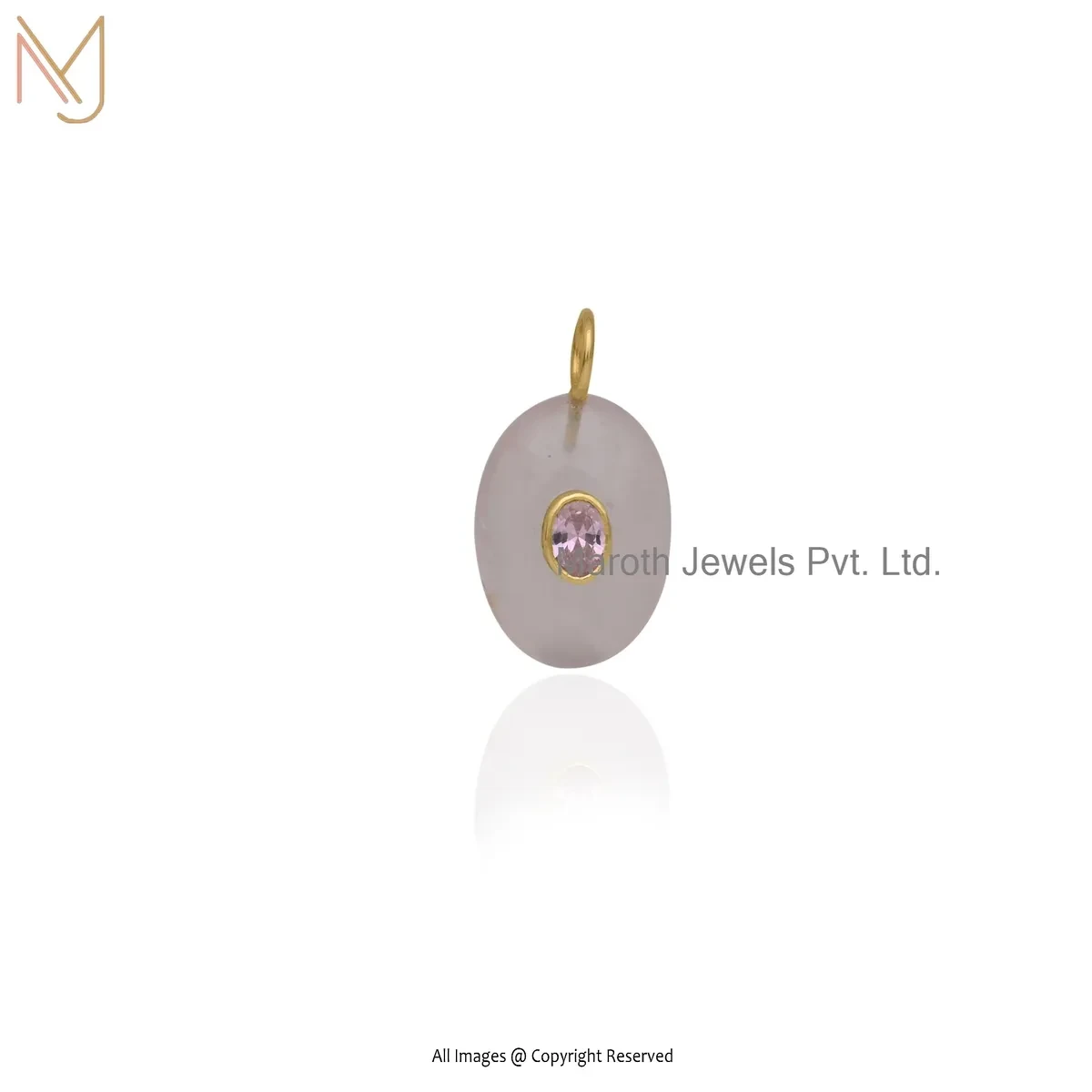 Wholesale 925 Silver Yellow Gold Plated Rose Quartz & Pink Cubic Zircon Oval Gemstone Pendant