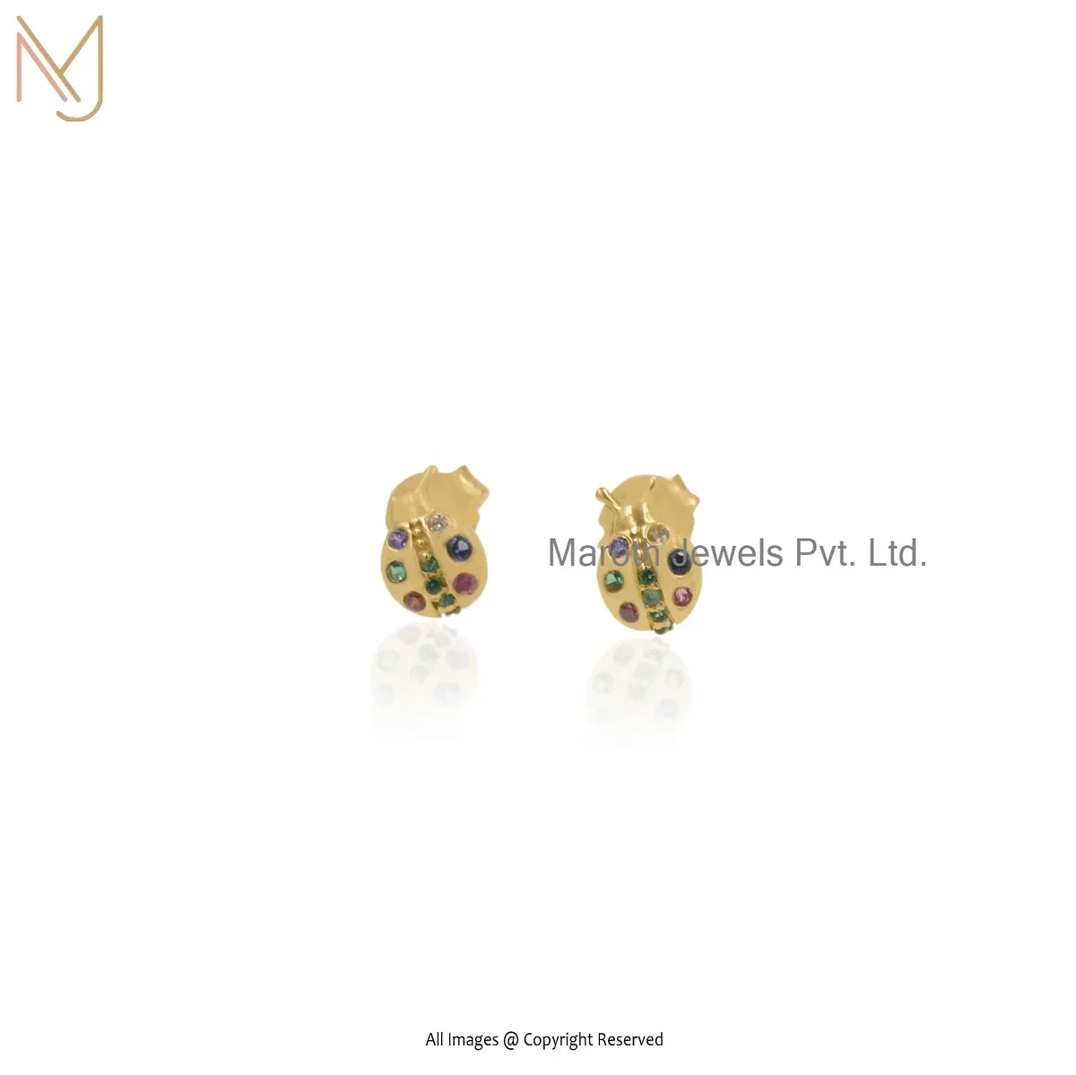 Wholesale 925 Silver Yellow Gold Plated Emerald And Multi Gemstone Ladybug Stud Earring