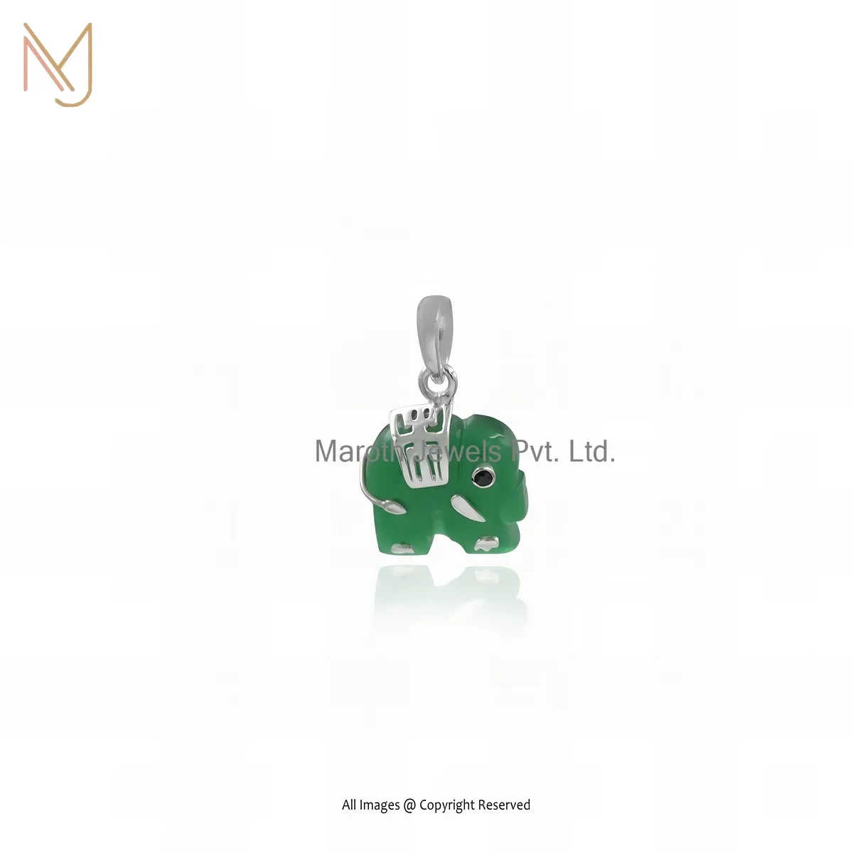 Wholesale 14K White Gold Green Onyx & Black Spinel Gemstone Elephant Pendant
