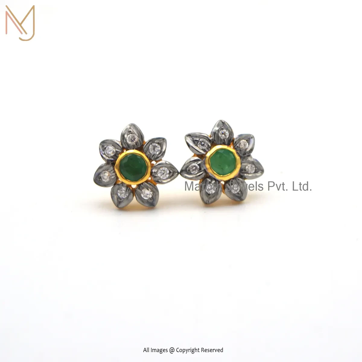 Private Lable 925 Silver Rhodium Yellow Gold Plated Cubic Zircon Emerald Gemstone Flower Shape Stud Earring
